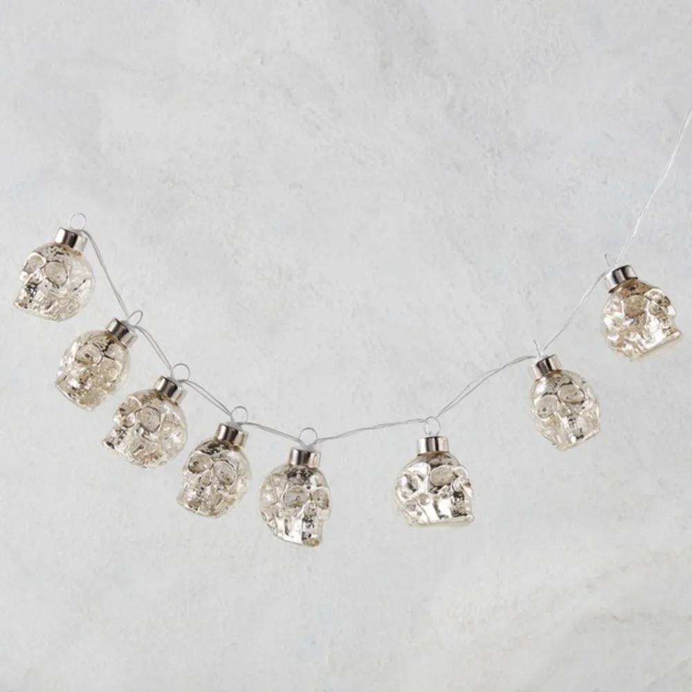 Z Gallerie Spooky Shiny Silver LED Glass Skull String Lights 💀